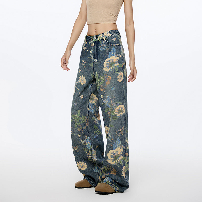 Women Same High Street Floral Wide Leg Jeans Printed Loose Fitting Nine One Mouth Two Leg Mop Pants