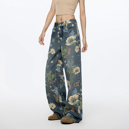 Women Same High Street Floral Wide Leg Jeans Printed Loose Fitting Nine One Mouth Two Leg Mop Pants