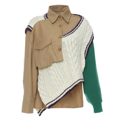 Autumn Winter Heavy Industry Stitching Woolen Irregular Asymmetric with Personality Sweater Jacket Coat Wind Breaker Top