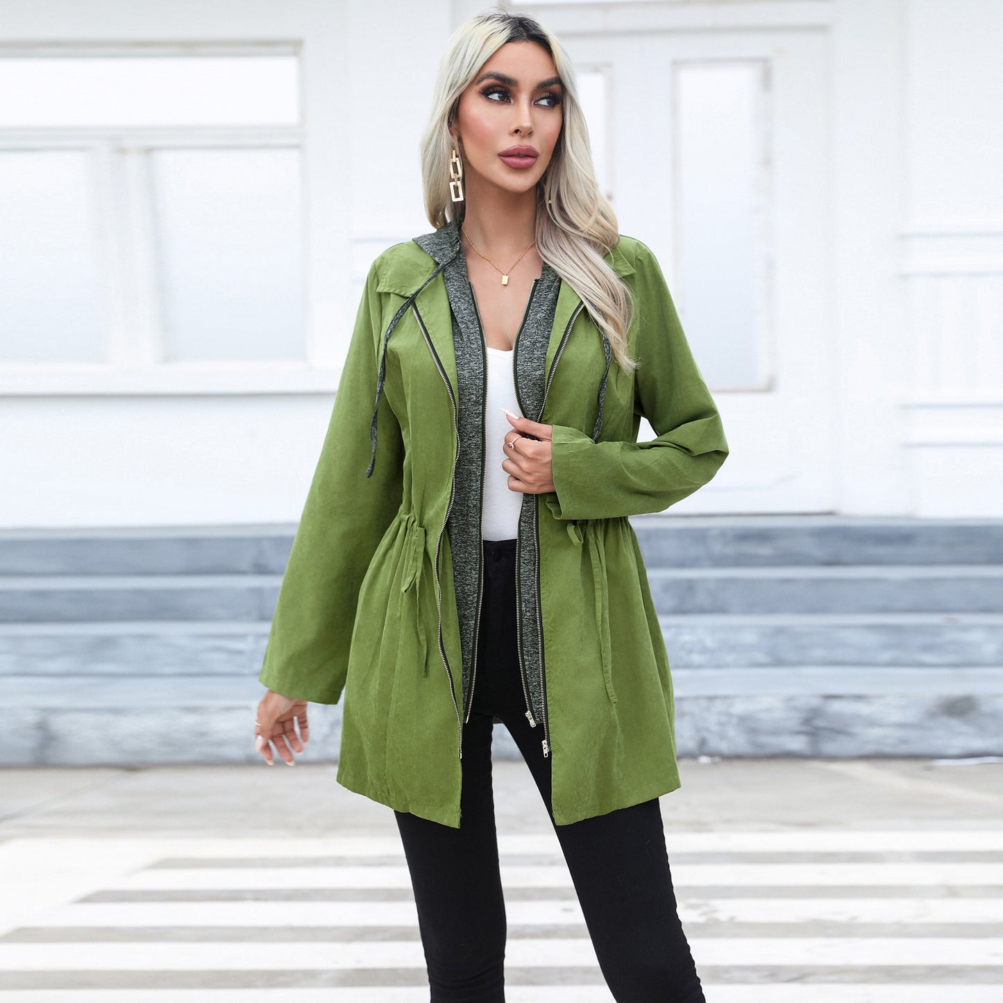 Women Clothing Casual Waist Tight Double Zipper Contrast Color Coat Mid Length Long Sleeve Hood Windbreaker Explosion