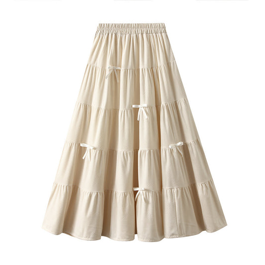 Bow Velvet Skirt Women Autumn Winter High Waist Cover Slim A line Large Hem Umbrella Skirt