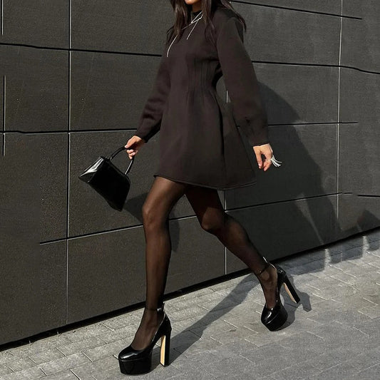 Women Long Sleeved Solid Color Tight Waist Mini Dress