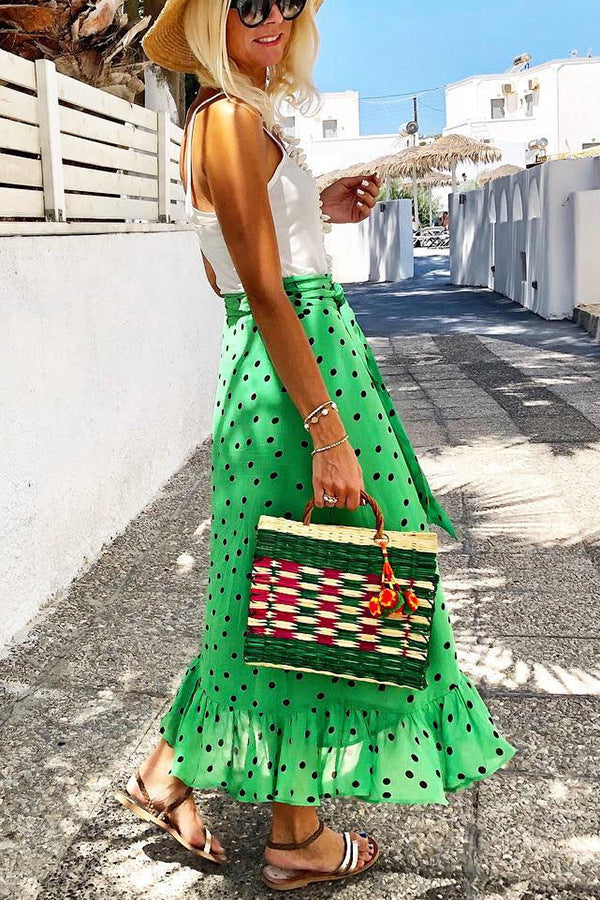 Summer Ruffles Lace up Street Printing Mid Length Skirt for Women