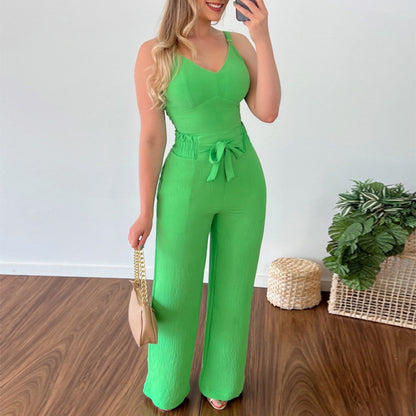 Women Clothing Summer V Neck Short Vest Lace High Waist Patch Pocket Straight Leg Pants Casual Suit