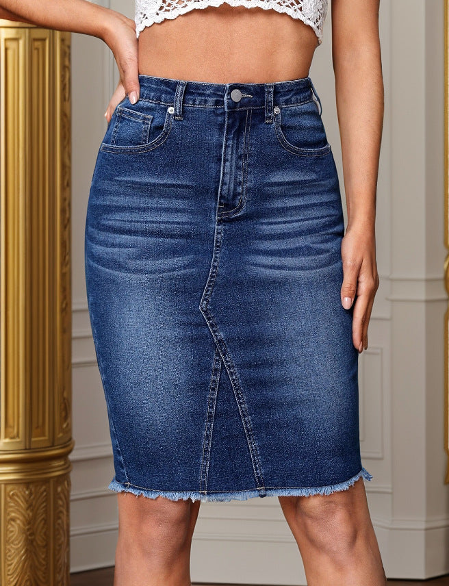 Casual Stretchy High Waist Slimming Slit Sheath Denim Skirt for Women