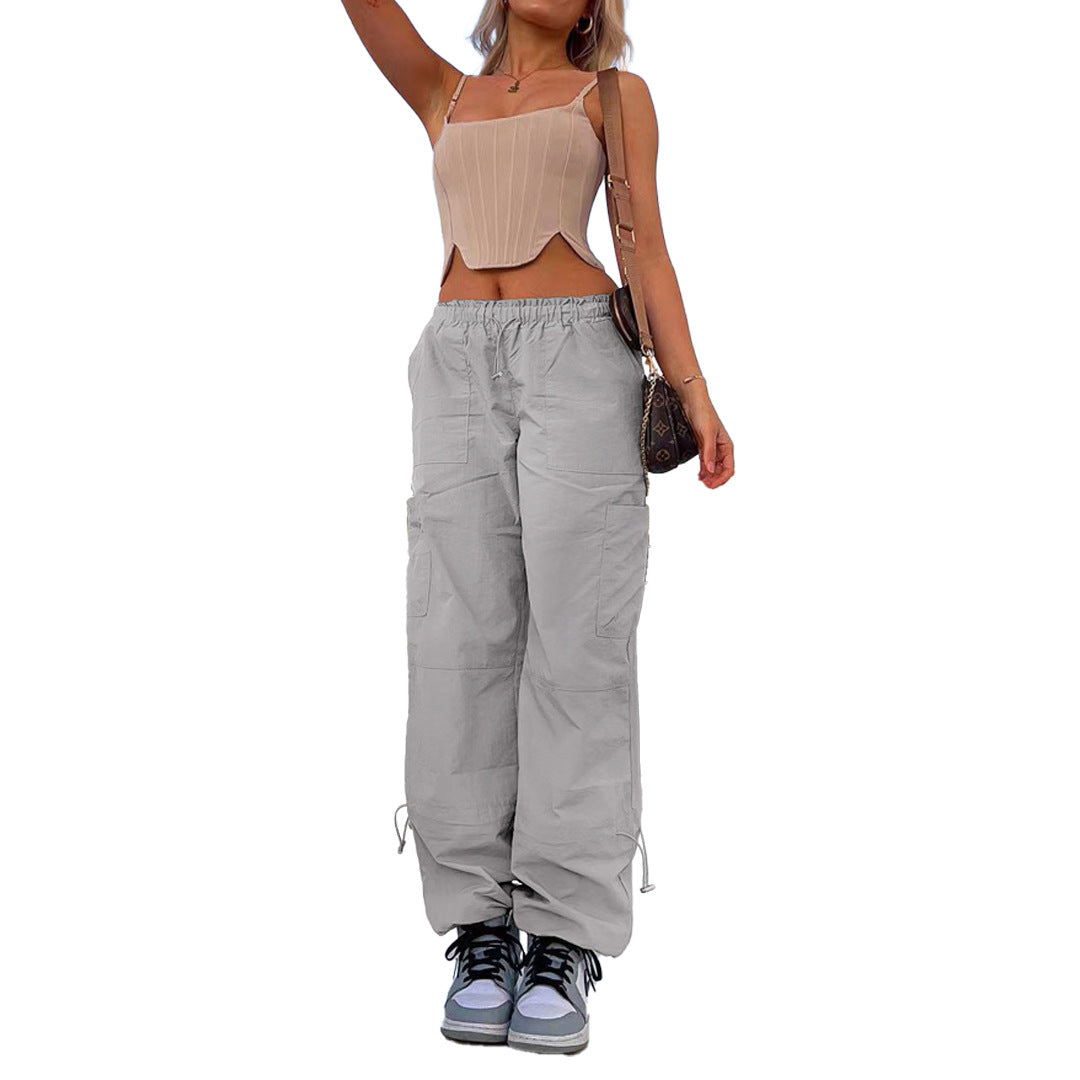 Women Clothing Loose Tied Multi Bag Straight Stretch Workwear Casual Pants