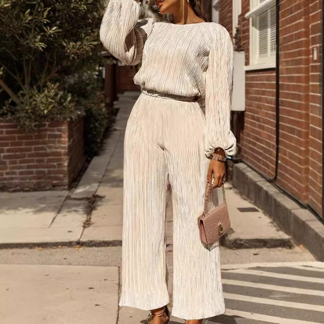 Women Clothing Out Nightclub Loose Casual Pleated Waist Tight Straight Leg Pants Long Sleeve Top Suit