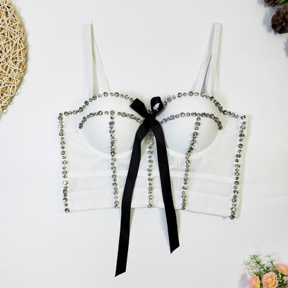 Haut tubulaire Sexy avec nœud papillon intégré et diamants, Design français, Niche pour boîte de nuit, hauts tendance pour femmes, soutien-gorge Corset à désossage perlé