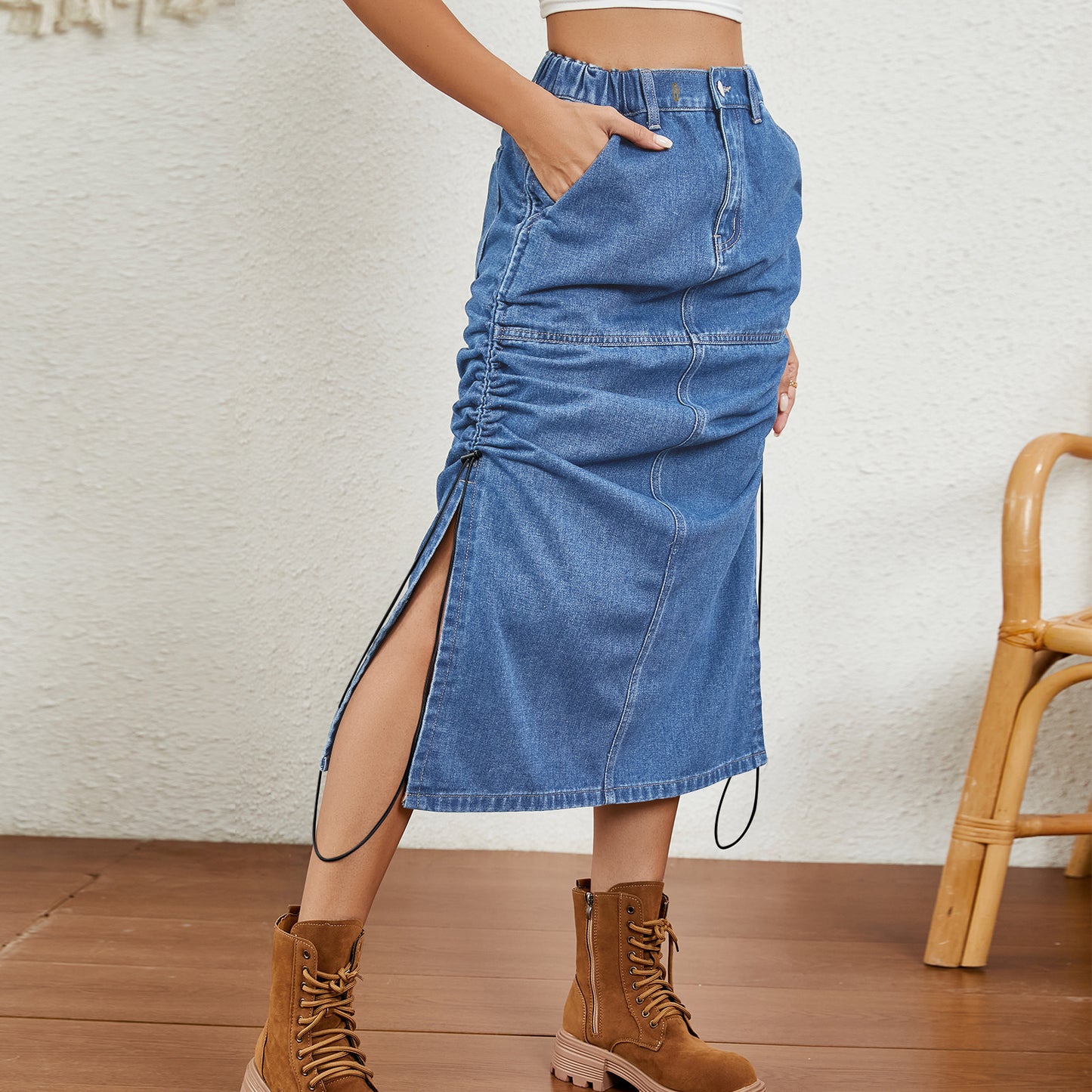 Trade Women Clothing Summer Washed Elastic Waist Drawstring Denim Midi Dress