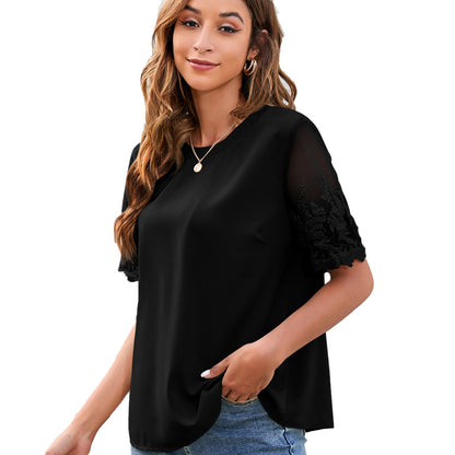 Ropa de mujer Camisa de encaje con cuello redondo Blusa de gasa Top de mujer