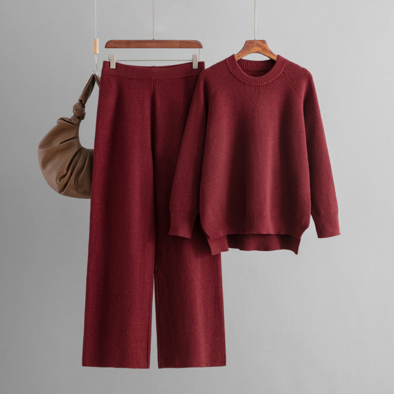 Winter Thick Sweater Women Loose Knitted Long Sleeves round Neck Wide Leg Pants Two Piece Set Women