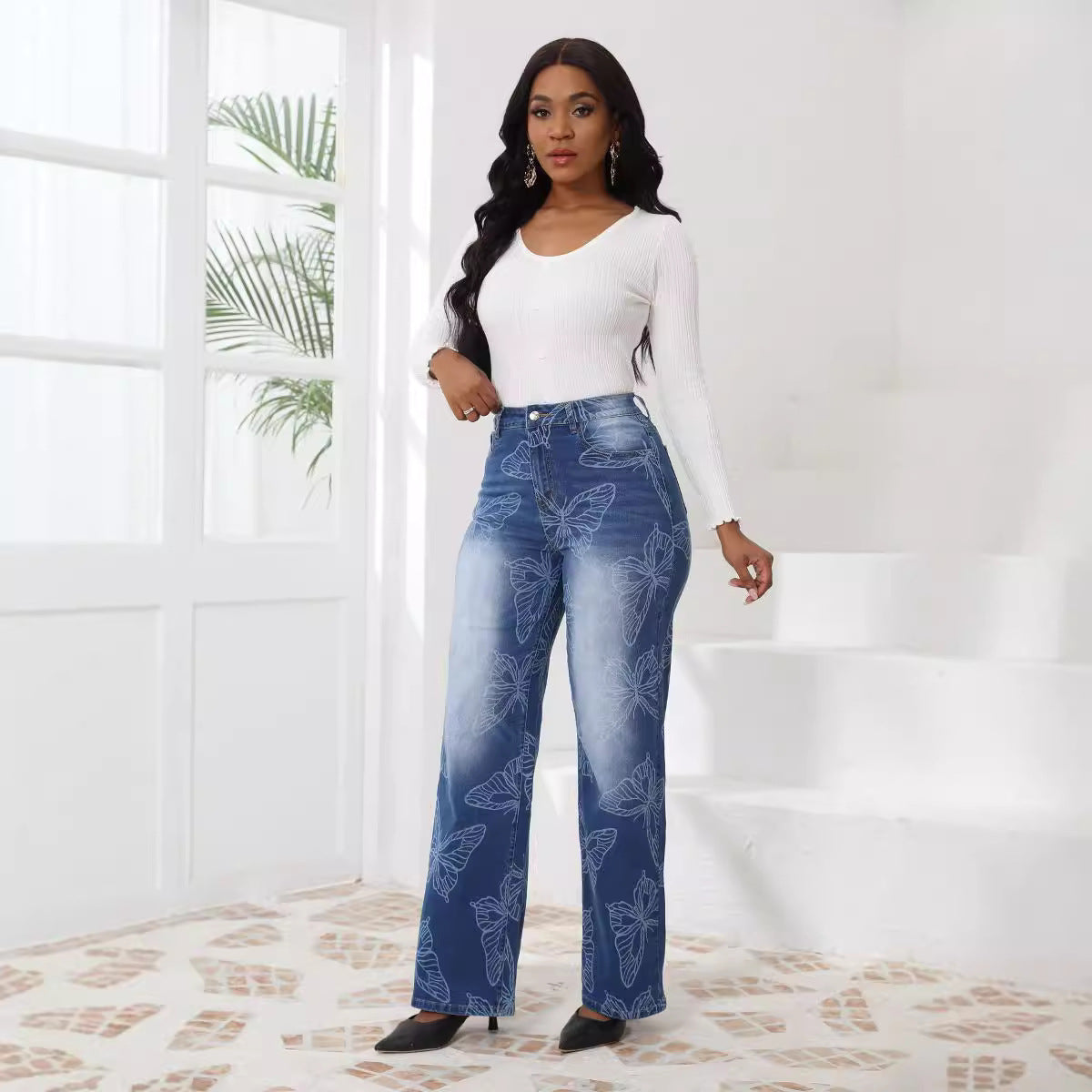 Autumn Winter Jacquard Wide Leg Pants Straight Jeans Now