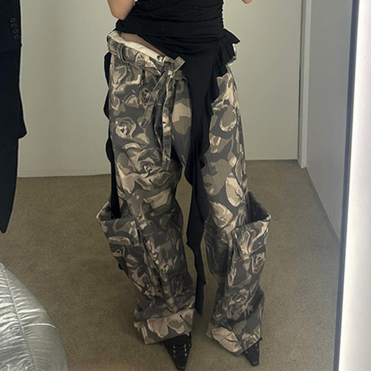 Pantalon cargo patchwork à poches camouflage pour femme, pantalon droit décontracté, sexy, rétro, vieilli, tissé léger