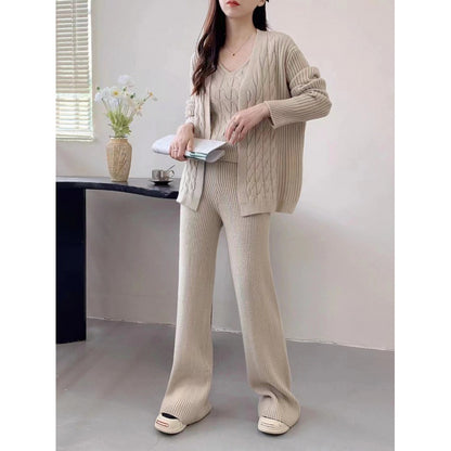 Autumn Winter Idle Knitting Suit Women Loose Cardigan Sling Bottoming Shirt Lengthened Wide Leg Pants Three Piece Set