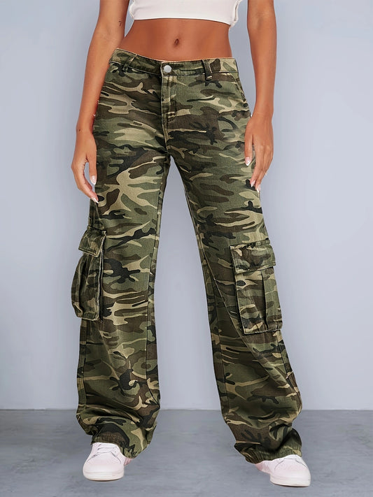 Women Camouflage Cargo Pants High Waist Multi Pocket Loose Jeans