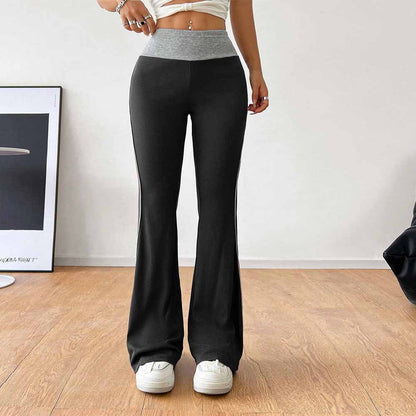 Women Clothing All Match Office Tight Casual Pants Autumn Winter Elastic Waist Contrast Color Wide Leg Pants