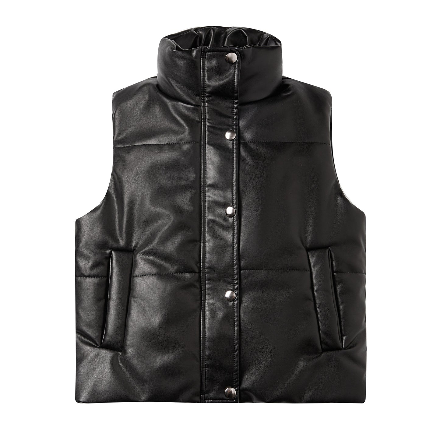 Automne Hiver Femmes Gilet En Cuir Sans Manches Matelassé Zippé Coton Rembourré Veste Col Montant