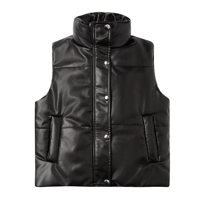 Automne Hiver Femmes Gilet En Cuir Sans Manches Matelassé Zippé Coton Rembourré Veste Col Montant