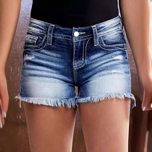 Embroidered Frayed Denim Shorts for Women