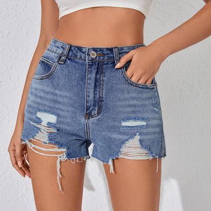 Taille haute minceur Denim Shorts femmes été coupe ajustée pantalon ajusté déchiré Denim