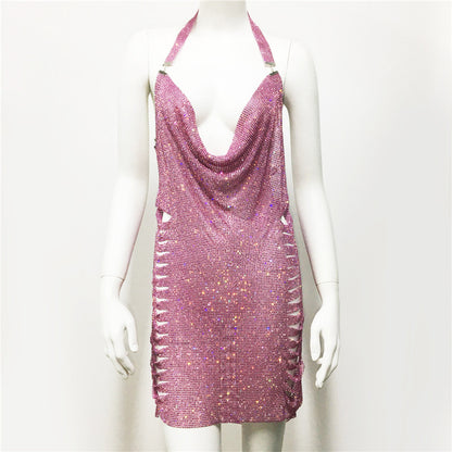 Ropa de mujer, vestido Popular de Metal con diamantes de imitación, vestido Sexy para fiesta y discoteca, vestido Halter para mujer