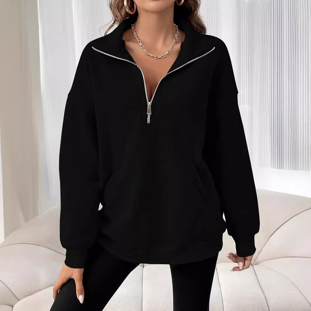 Pull décontracté à col zippé pour femme, couleur unie, automne et hiver