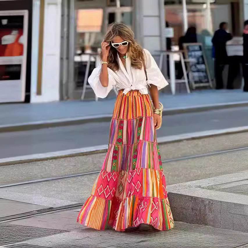 Autumn Internet Celebrity Same Printed Ruffled Big Hem Skirt Women