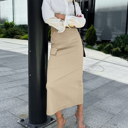 Autumn Classic Back Slit Sexy Design Khaki High Waist Slim Niche Skirt