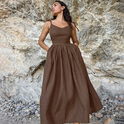 Robe longue en coton et lin pour femmes, kaki français, bretelles respirantes, taille haute, vacances de printemps