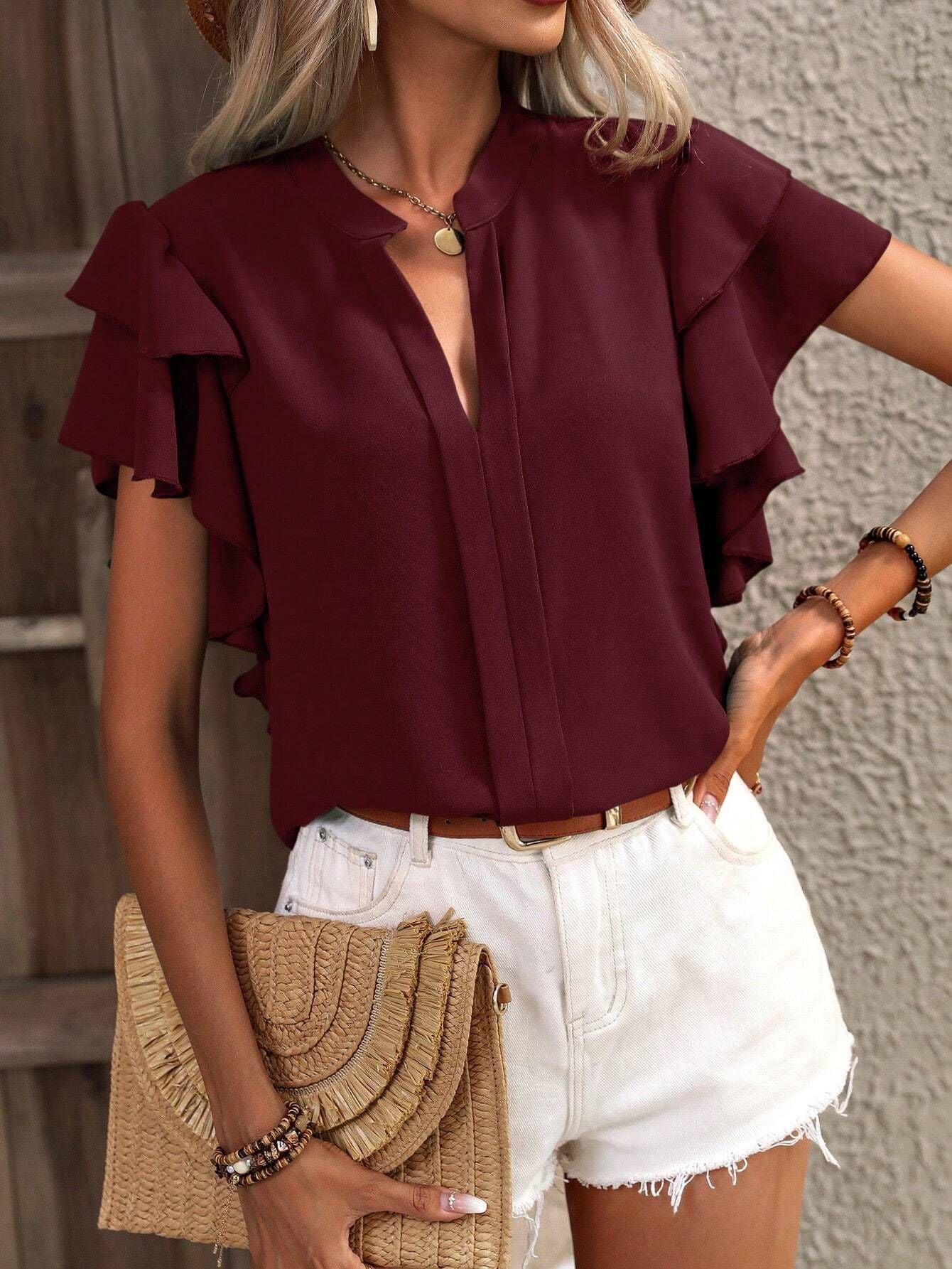 Women Clothing Summer V neck Casual Double Layer Ruffle Sleeve Solid Color Shirt Top