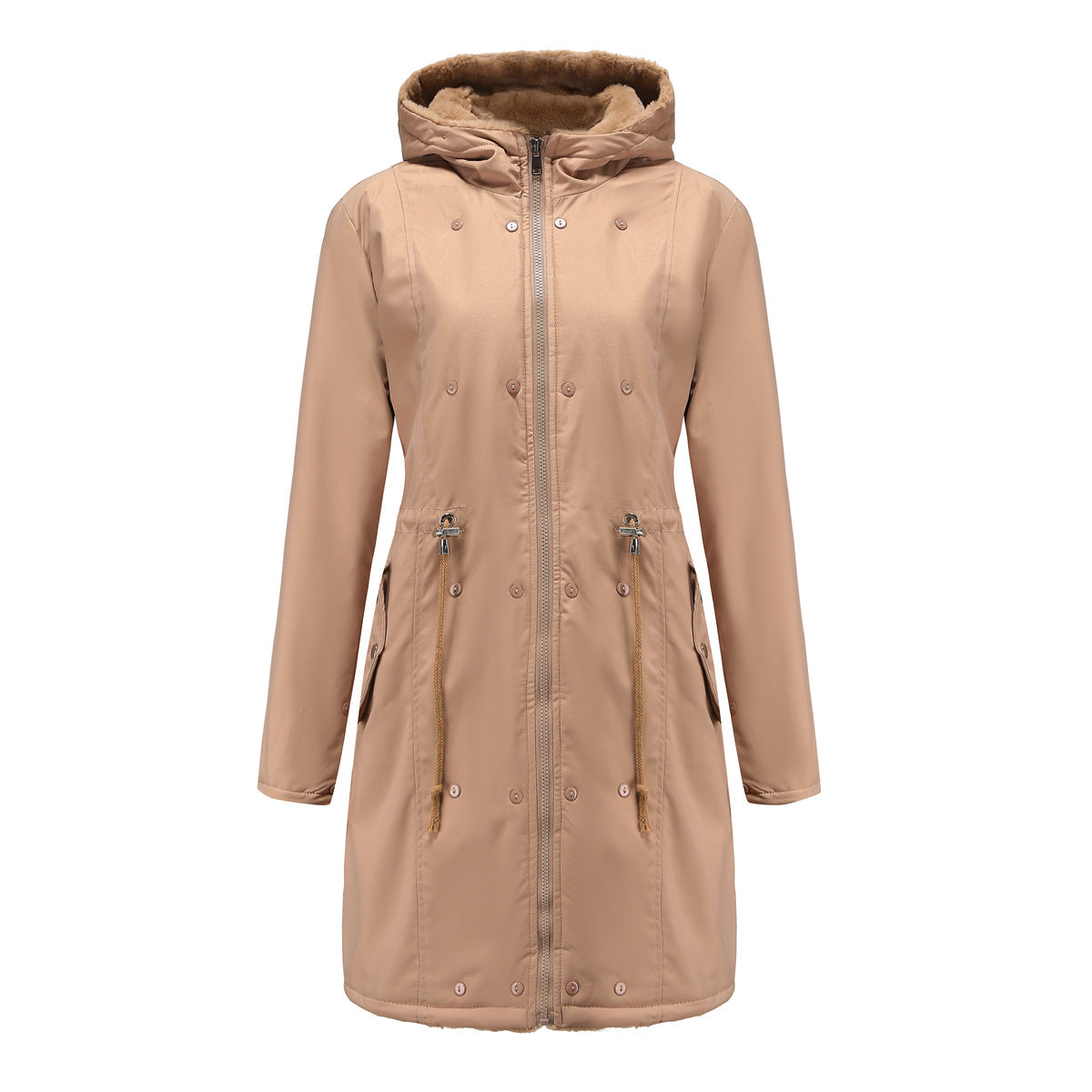 Abrigo de algodón de invierno para mujer, cuello de piel desmontable, largo medio, manga larga, parka, color sólido, con capucha, chaqueta acolchada de algodón cálida