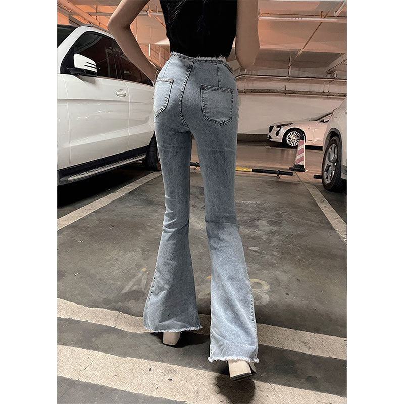 Pantalon taille haute délavé tendance, pantalon amincissant à clochettes, jean déchiré et vieilli rétro