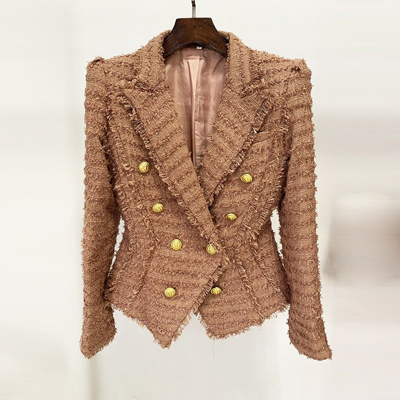 Autumn Winter Star Tassel Fringe Tweed Slim Blazer Pink Brown