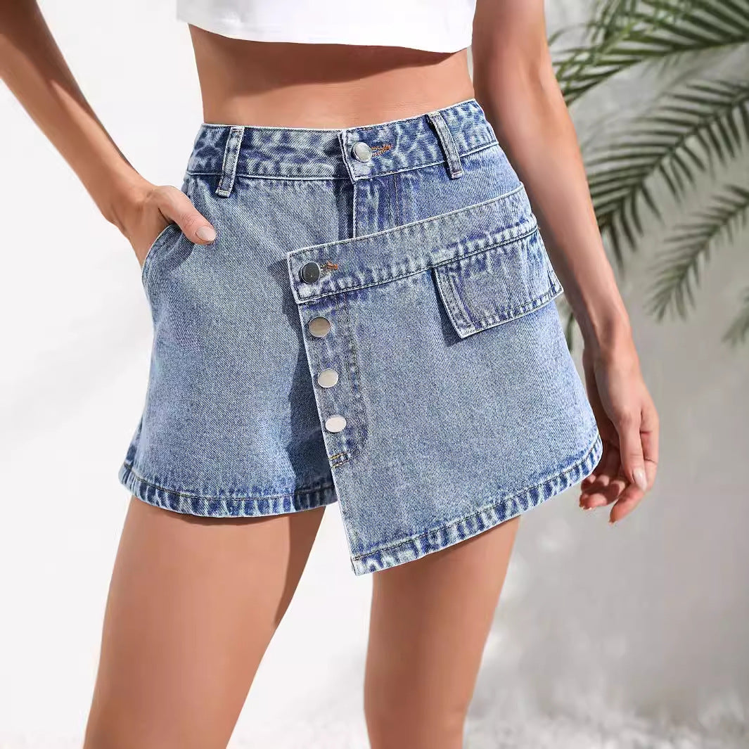 Ropa de mujer Adelgazante Irregular Asimétrico Denim Shorts Falda