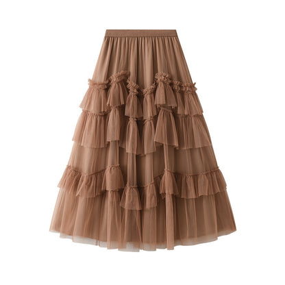 Tiered Dress Spring Mesh Long Skirt Design Skirt Easy Matching Mesh Stitching Pettiskirt