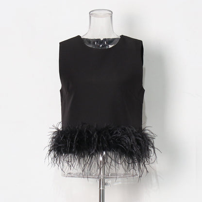 Hepburn Design Ostrich Feather Patchwork Top Spring/Summer New round Neck Simple Short Solid Color Vest for Women