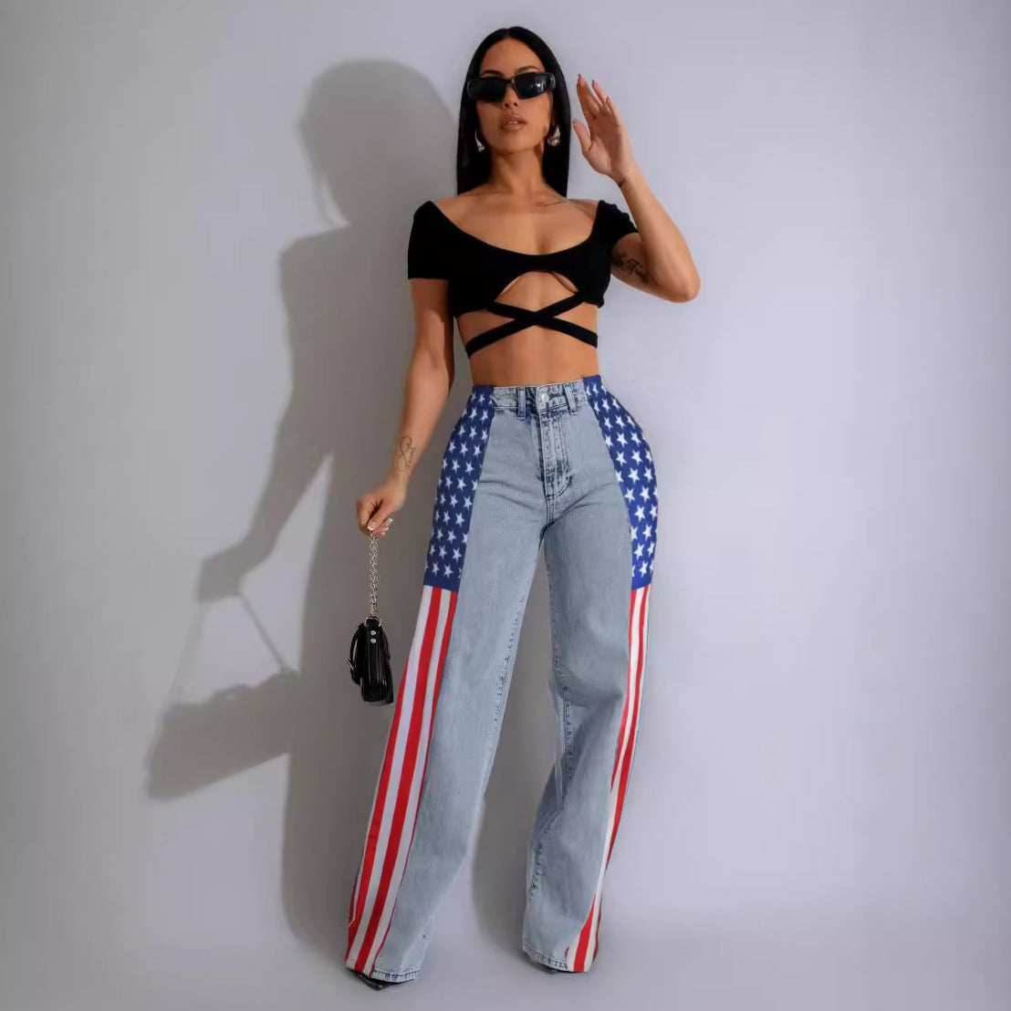 Pantalon en denim extensible à jambe large et imprimé drapeau pour femme, jean droit décontracté à taille haute