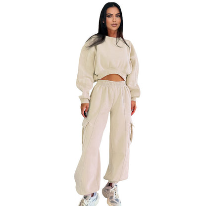 Women Clothing Autumn round Neck High Waist Sweater Pocket Loose Sweatpants Sets