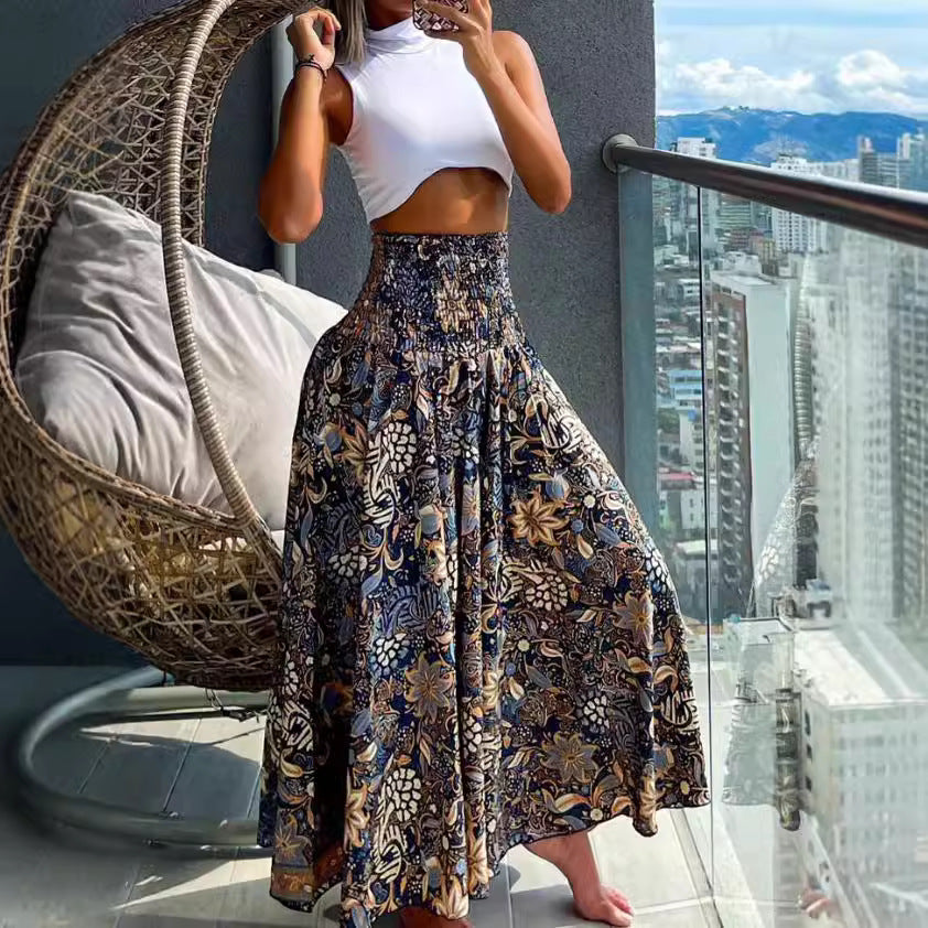 Women Clothing Printed Waist-Controlled Casual Trousers Wide Leg Pants