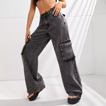 Women Clothing High Waist Large Pocket Slimming Loose Cargo Denim Trousers