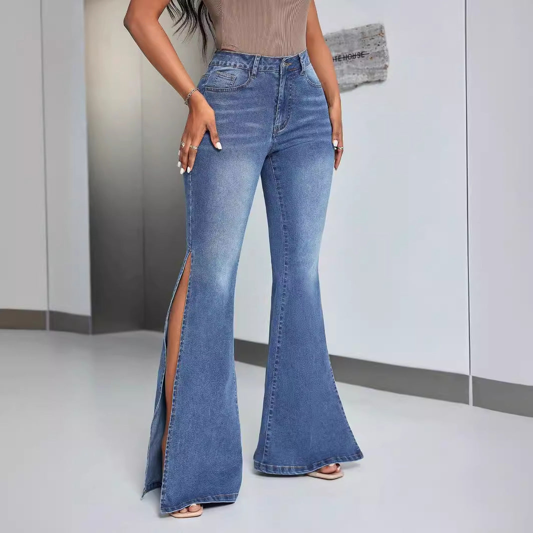 Ropa de mujer Pantalones con parte inferior acampanada Cintura alta dividida Adelgazante Jeans elásticos altos