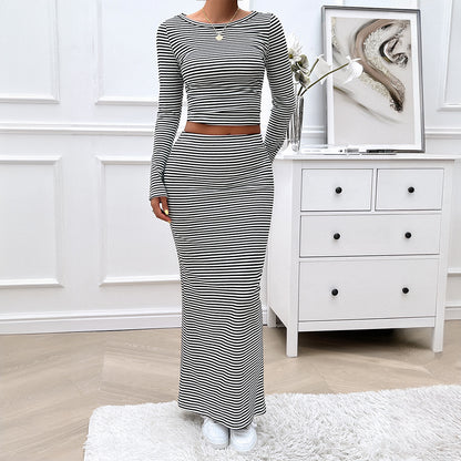 Autumn Winter Women Clothing Casual Striped Knitted Long Sleeve Suit