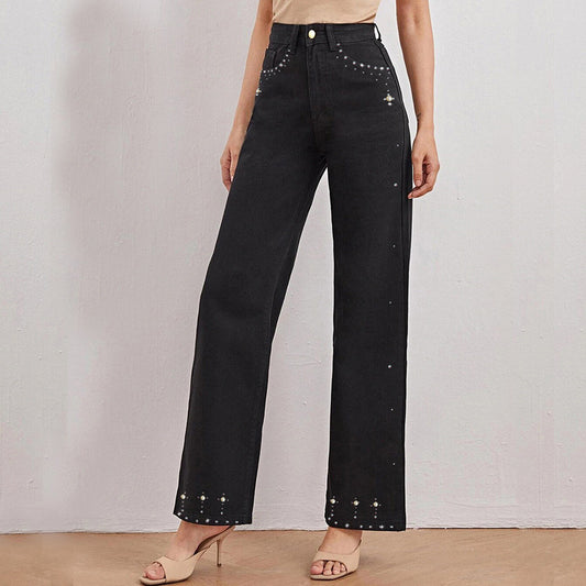 Black Straight Jeans Design Rhinestone Slim Fit Slimming High Waist Mopping Trousers Jeans