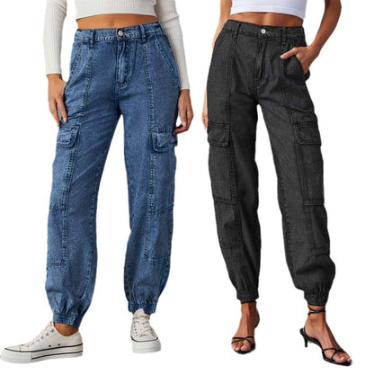 Cargo Jeans Women Autumn Casual Elastic Waist Ankle Tied Loose Women Pants