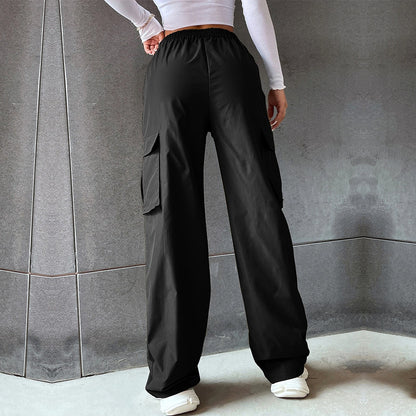 Women Clothing Street Solid Color Elastic Waist Pocket Casual Working Pants