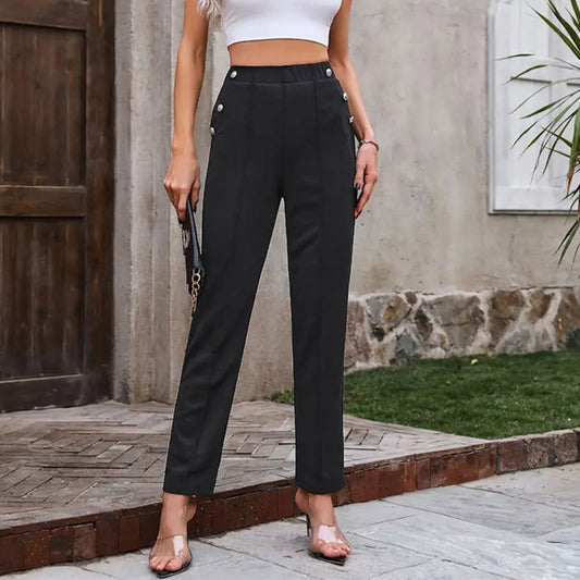 Pantalones casuales ajustados y elásticos con botones y costuras decorativas para mujer