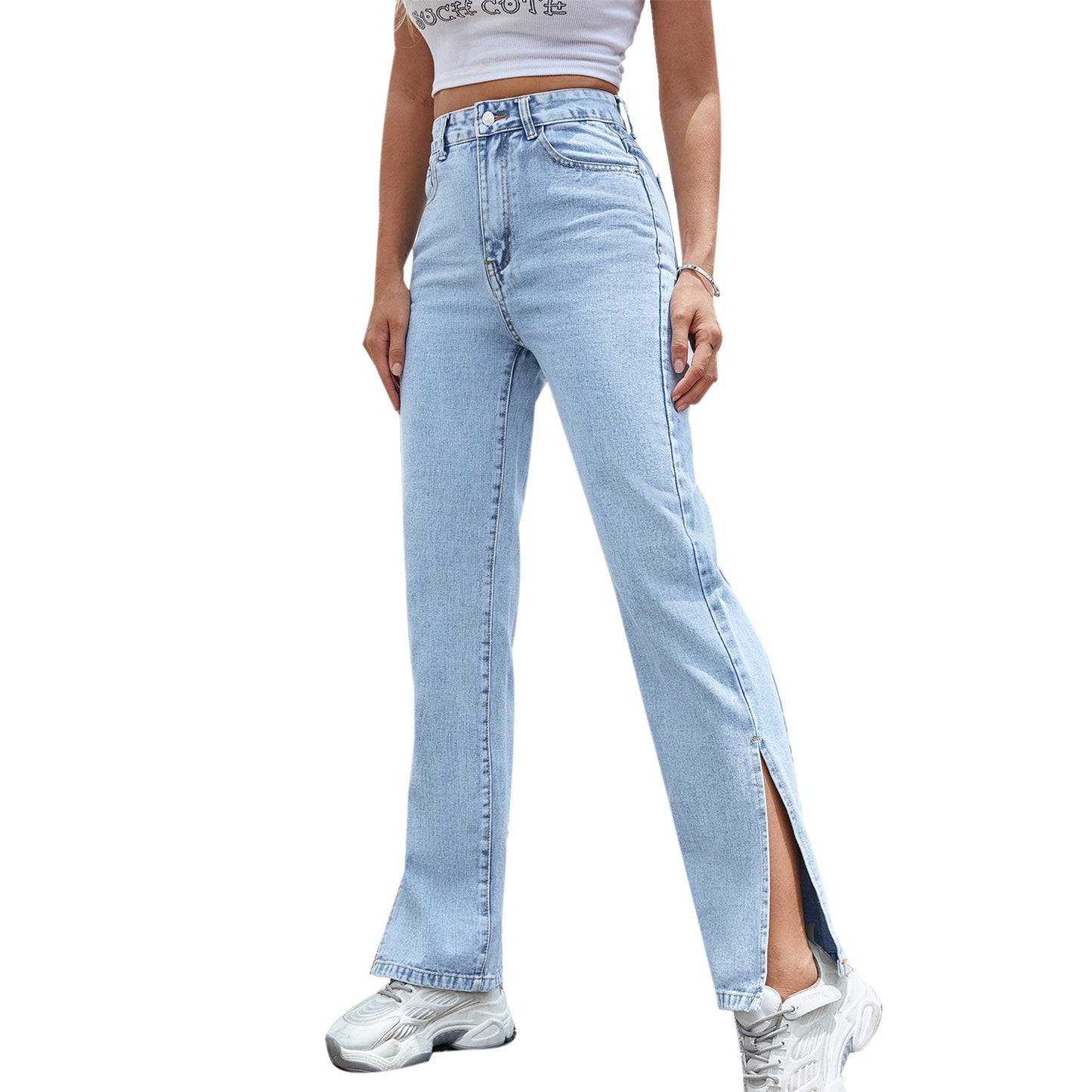 Pantalon en Denim à la mode pour femmes, jambe large fendue, droite, ample, taille haute, amincissant