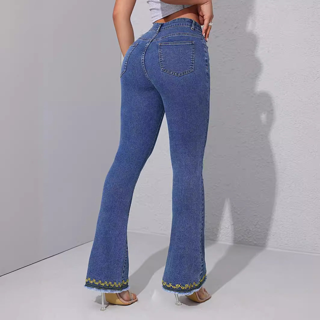 Pantalones vaqueros ligeramente acampanados para mujer, con rebabas bordadas, adelgazantes, casuales, a juego