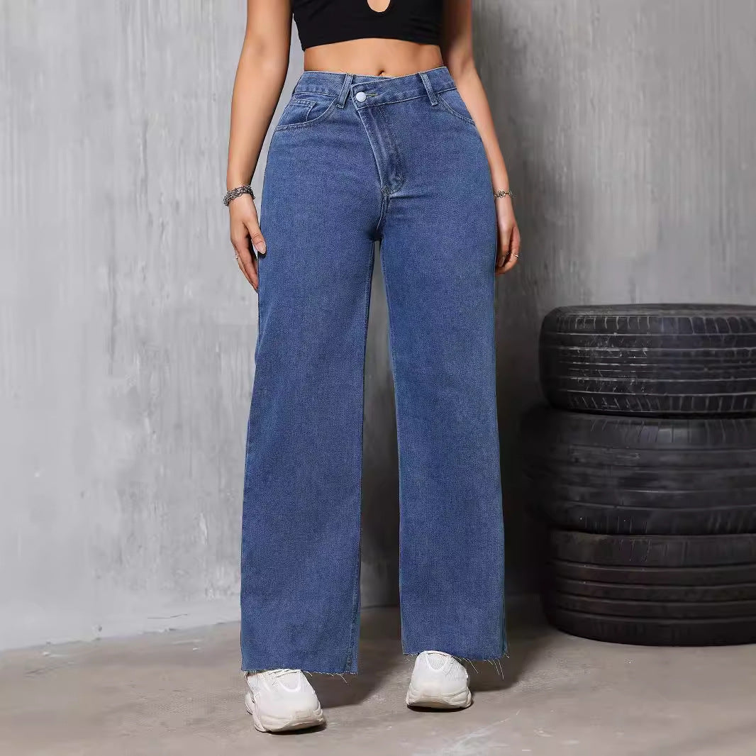 Women Clothing Retro Blue Worn Jeans Women Summer Straight Loose Thin High Waist Drooping Casual Denim Trousers