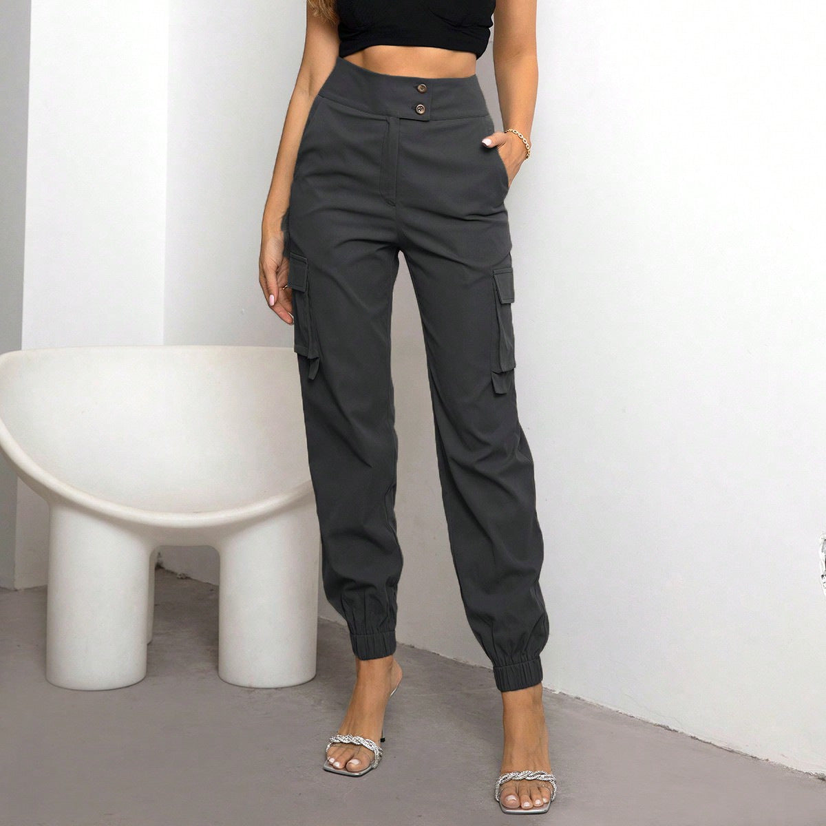 Women Clothing Casual Flip Pocket Side Pants